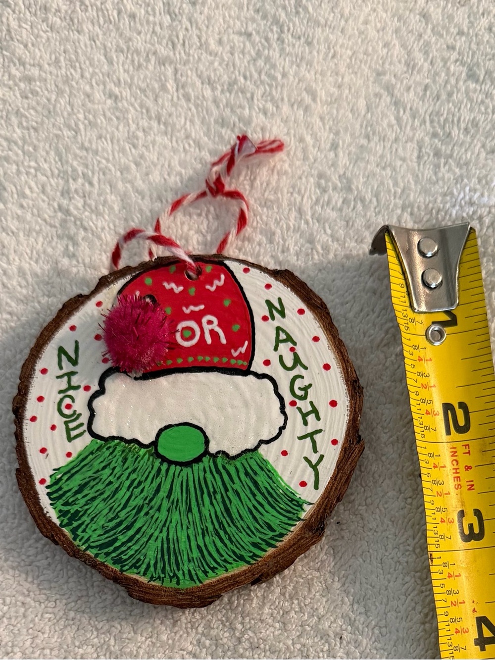 Holiday Gnome Wood Slice Ornament in Red and Green